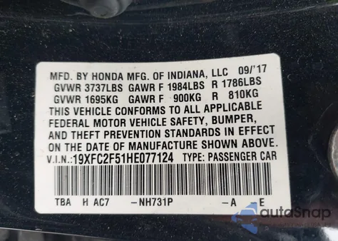 2017 Honda Civic Lx from USA, damaged, VIN 19XFC2F51HE077124